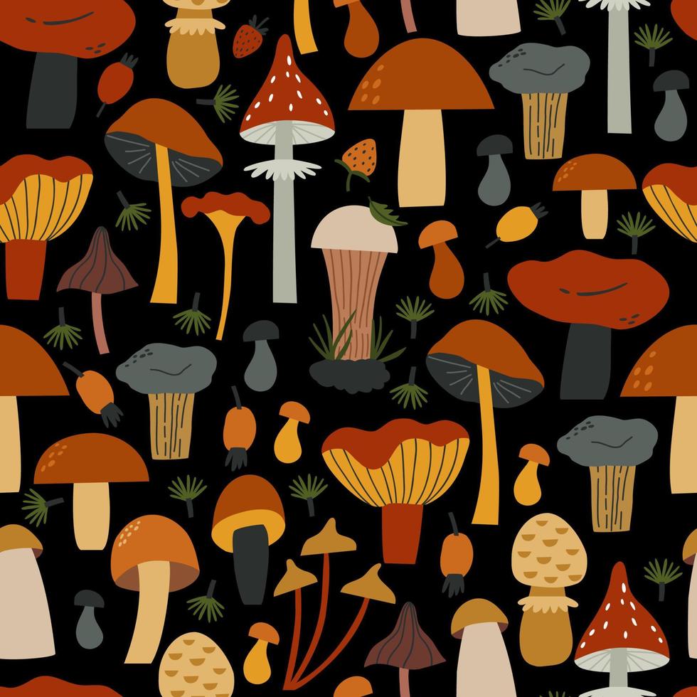 padrão com vários cogumelos da floresta desenhados à mão. design para tecido, papel, etc vetor