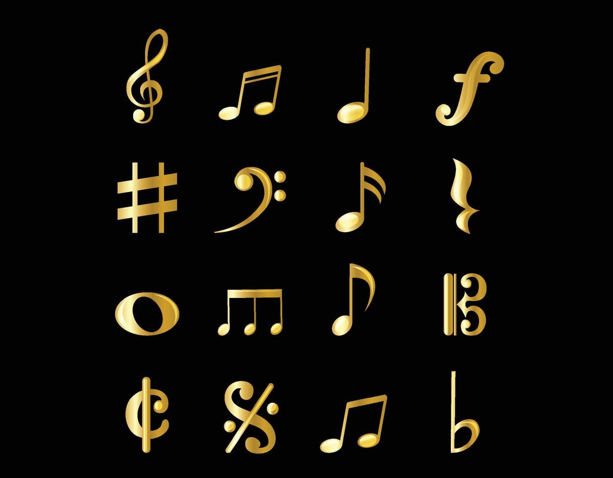 ícones de ouro de notas musicais vetor