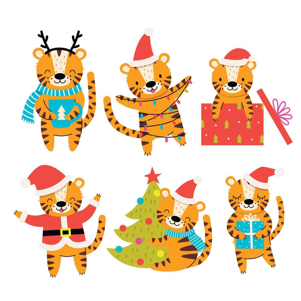 conjunto de tigres de natal fofos. o símbolo do ano. ilustração vetorial. vetor