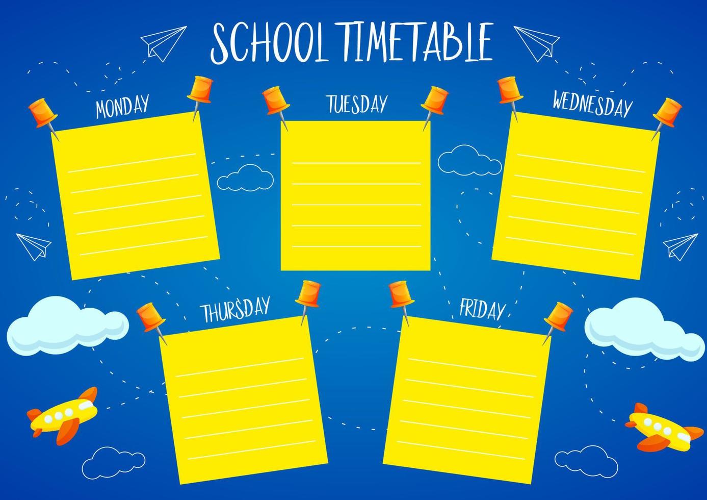 modelo de calendário escolar para crianças com dias da semana. calendário com nuvens, aviões no fundo. planejador semanal. modelo de design de cronograma. vetor