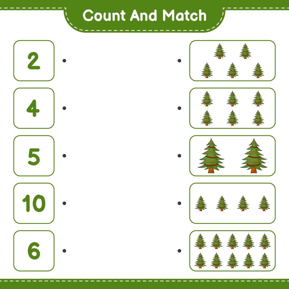 conte e combine, conte o número de árvores de natal e combine com os números certos. jogo educativo para crianças, planilha para impressão, ilustração vetorial vetor