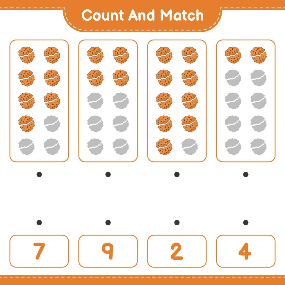 conte e combine, conte o número de cookies e combine com os números certos. jogo educativo para crianças, planilha para impressão, ilustração vetorial vetor