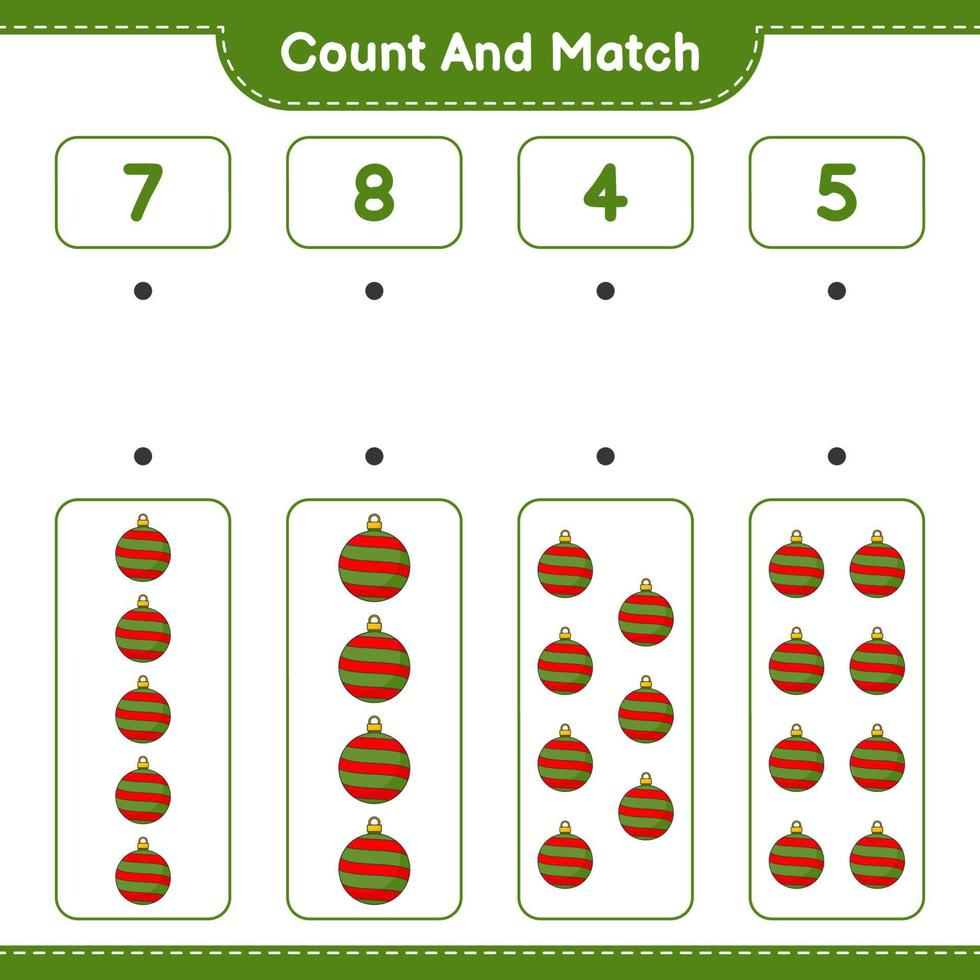 conte e combine, conte o número de bolas de natal e combine com os números certos. jogo educativo para crianças, planilha para impressão, ilustração vetorial vetor