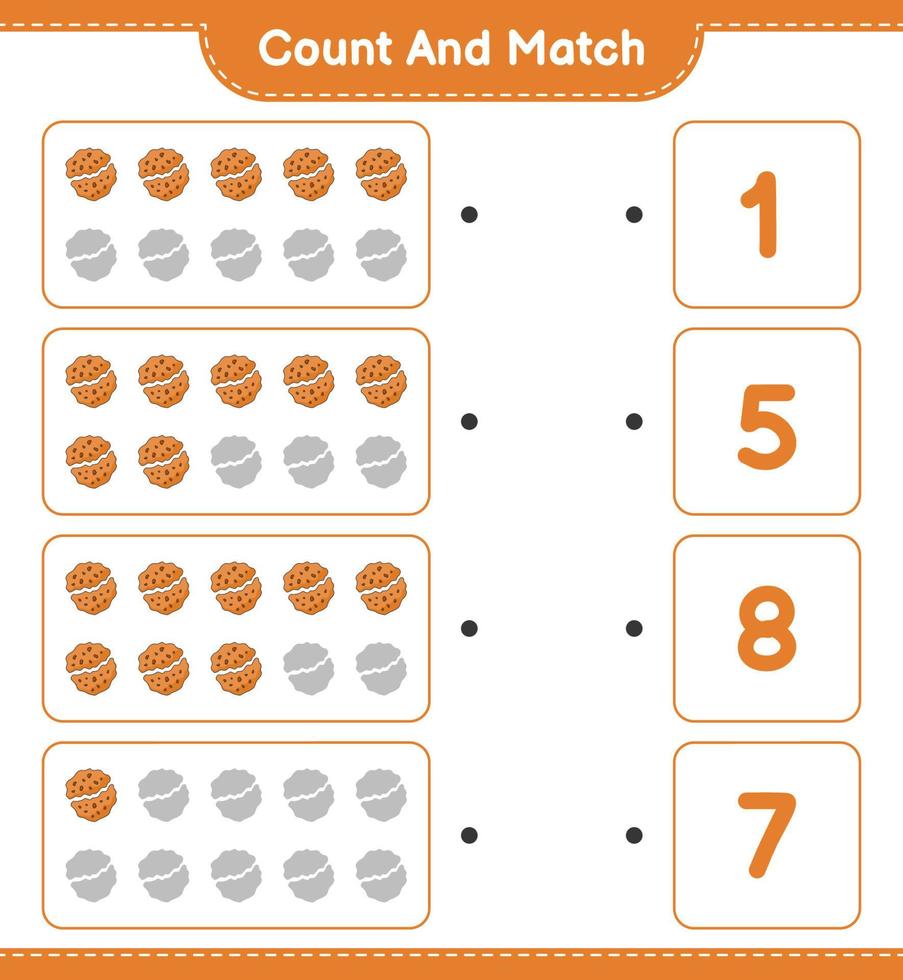 conte e combine, conte o número de cookies e combine com os números certos. jogo educativo para crianças, planilha para impressão, ilustração vetorial vetor