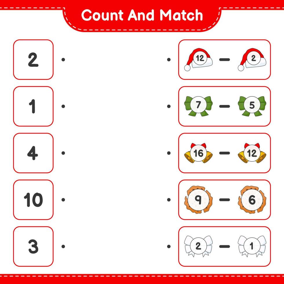 conte e combine, conte o número de fita, chapéu, sino de natal, biscoitos e combine com os números certos. jogo educativo para crianças, planilha para impressão, ilustração vetorial vetor