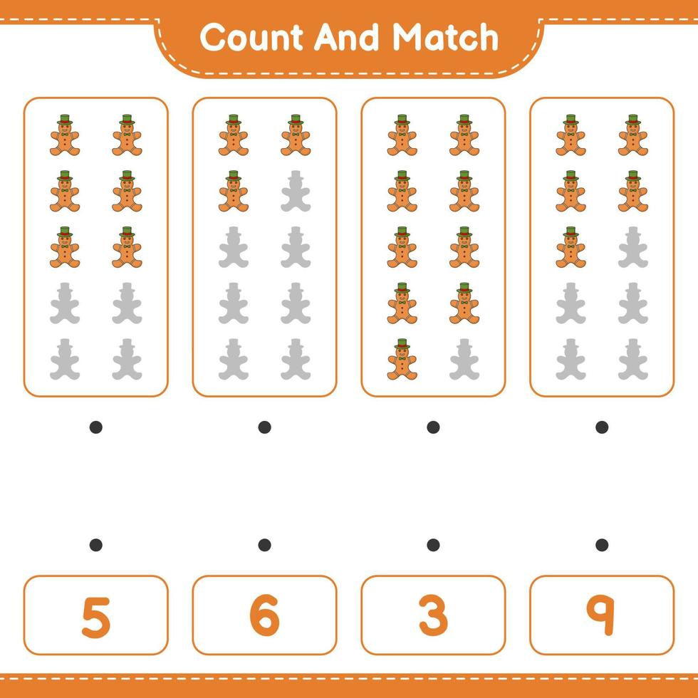 conte e combine, conte o número de homem de gengibre e combine com os números certos. jogo educativo para crianças, planilha para impressão, ilustração vetorial vetor