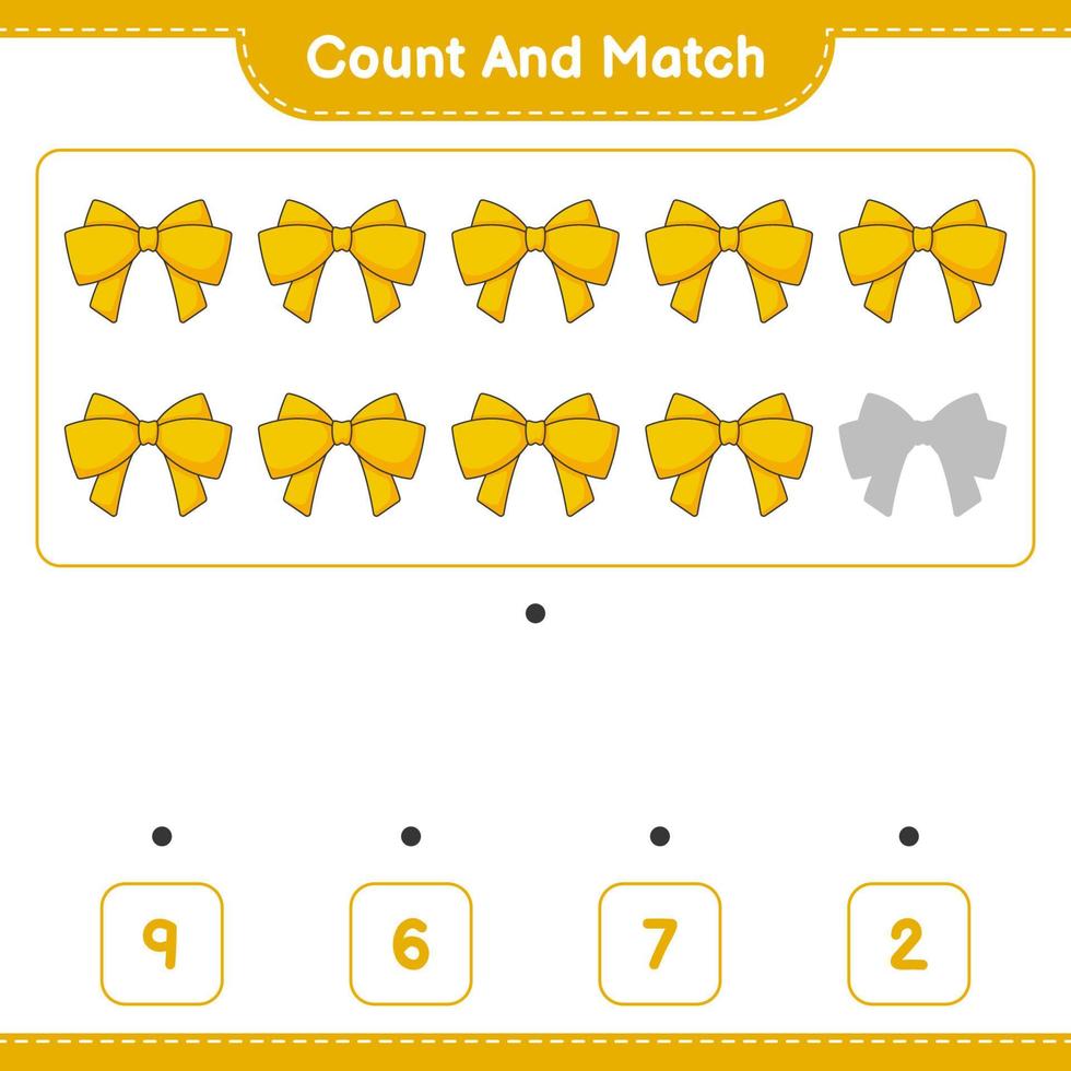 conte e combine, conte o número de fitas e combine com os números certos. jogo educativo para crianças, planilha para impressão, ilustração vetorial vetor
