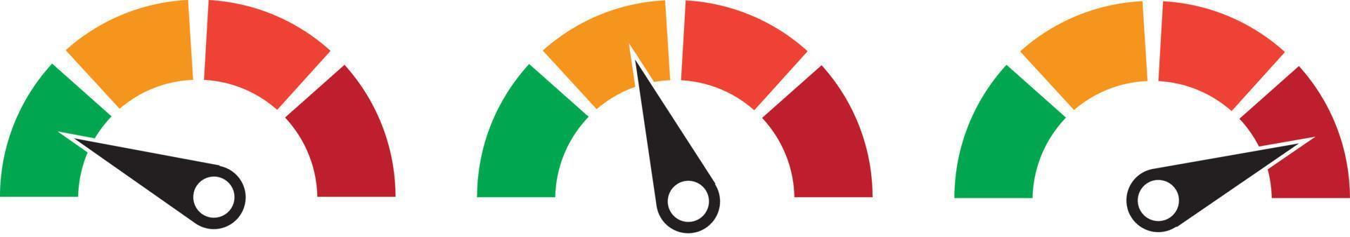 conjunto de tacômetros vetoriais de cores, medidor de vazão com indicador na parte verde, laranja e vermelha, ícone de medição de velocímetro e desempenho, ilustração para sua página da web, infográfico, aplicativos e folheto vetor