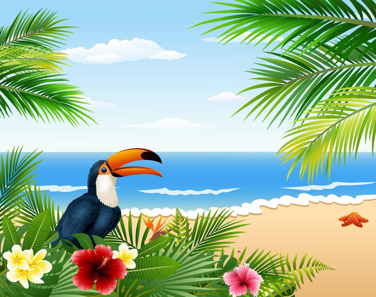 cartão com praia tropical, plantas tropicais e tucano vetor