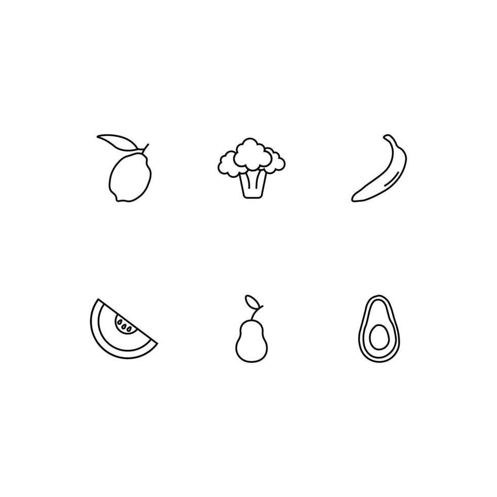 símbolo de contorno em estilo plano moderno adequado para propaganda, livros, lojas. ícone de linha definido com ícones de limão, brócolis, banana, melancia, pêra, abacate vetor