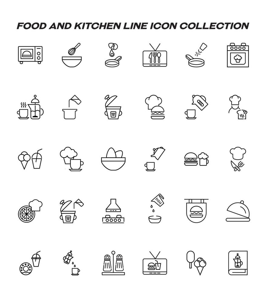 conceito de cozinha, comida e cozinha. coleção de ícones monocromáticos de contorno moderno em estilo simples. ícone de linha de dispositivos de cozinha, utensílios de cozinha, comida, beber chá, cozinhar etc vetor