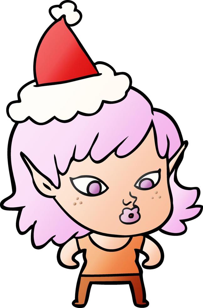 bonito desenho de gradiente de uma garota elfa usando chapéu de papai noel vetor