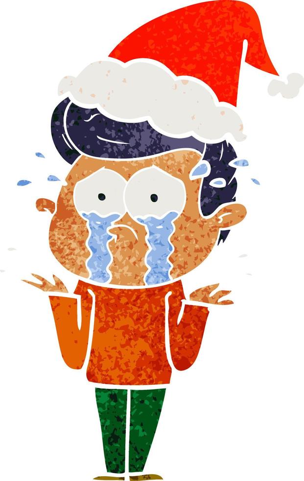 desenho retrô de um homem chorando usando chapéu de papai noel vetor