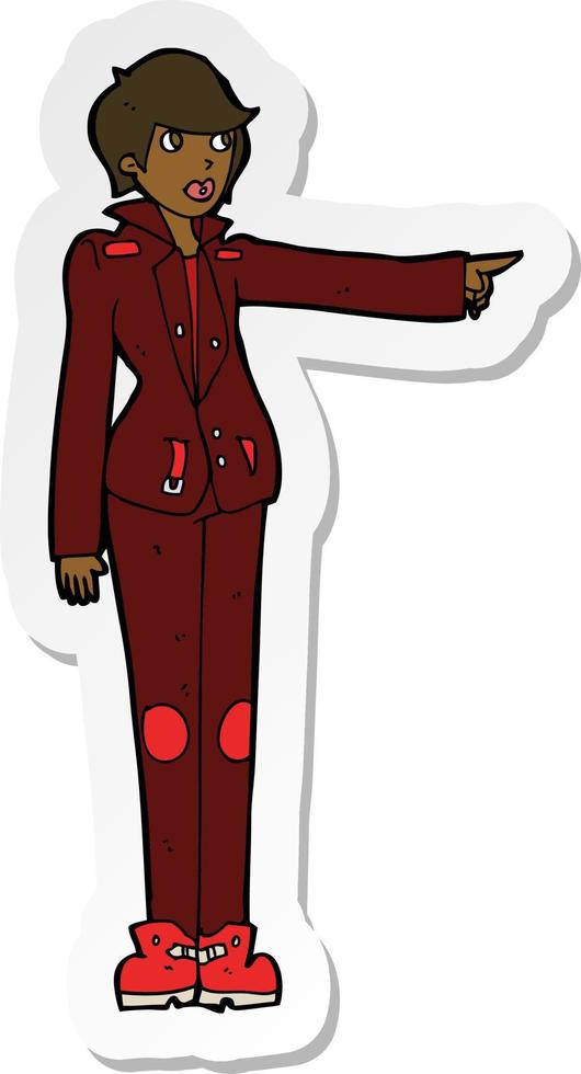 adesivo de uma mulher de desenho animado na jaqueta de couro apontando vetor