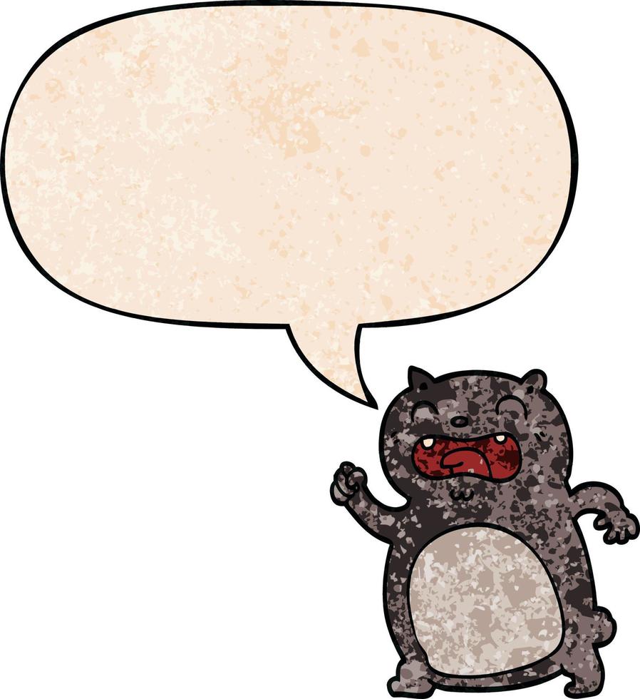 gato de desenho animado e bolha de fala no estilo de textura retrô vetor