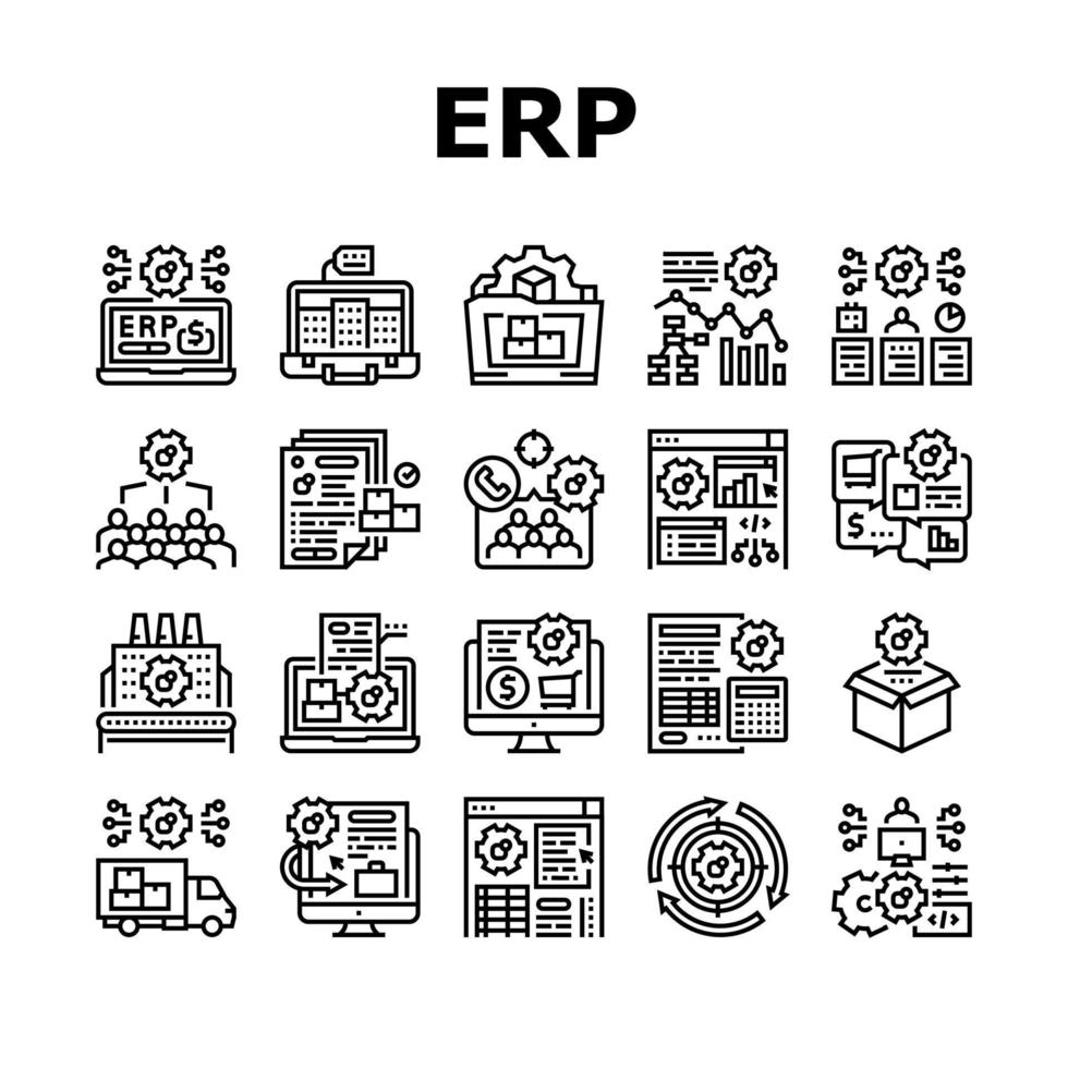 conjunto de ícones de planejamento de recursos empresariais erp vetor