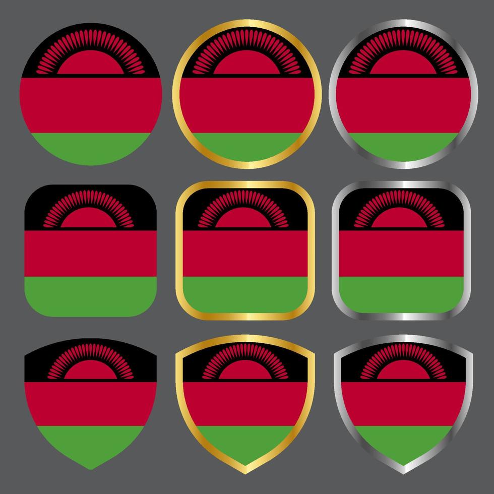 conjunto de ícones de vetor de bandeira do malawi com borda de ouro e prata
