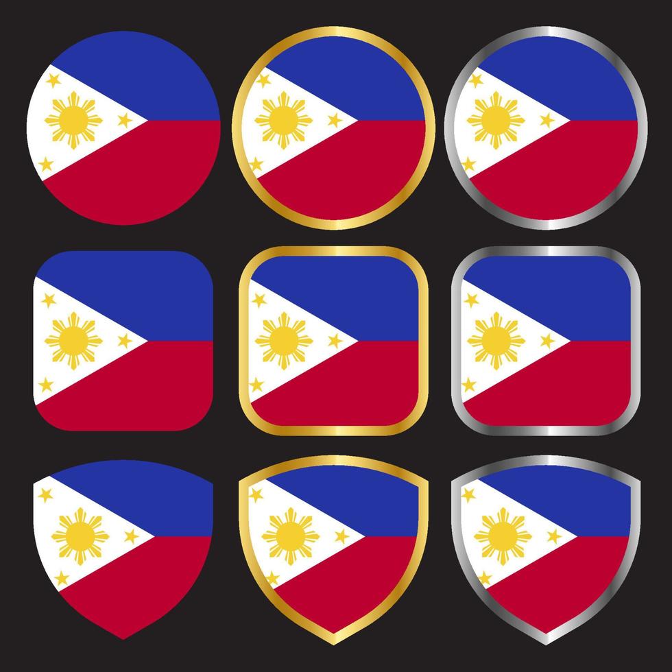 ícone de vetor de bandeira filipinas definido com borda de ouro e prata