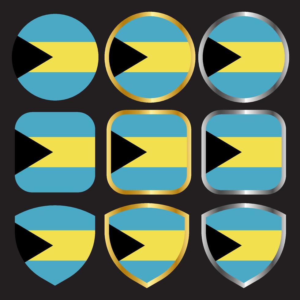 conjunto de ícones de vetor de bandeira das bahamas com borda de ouro e prata