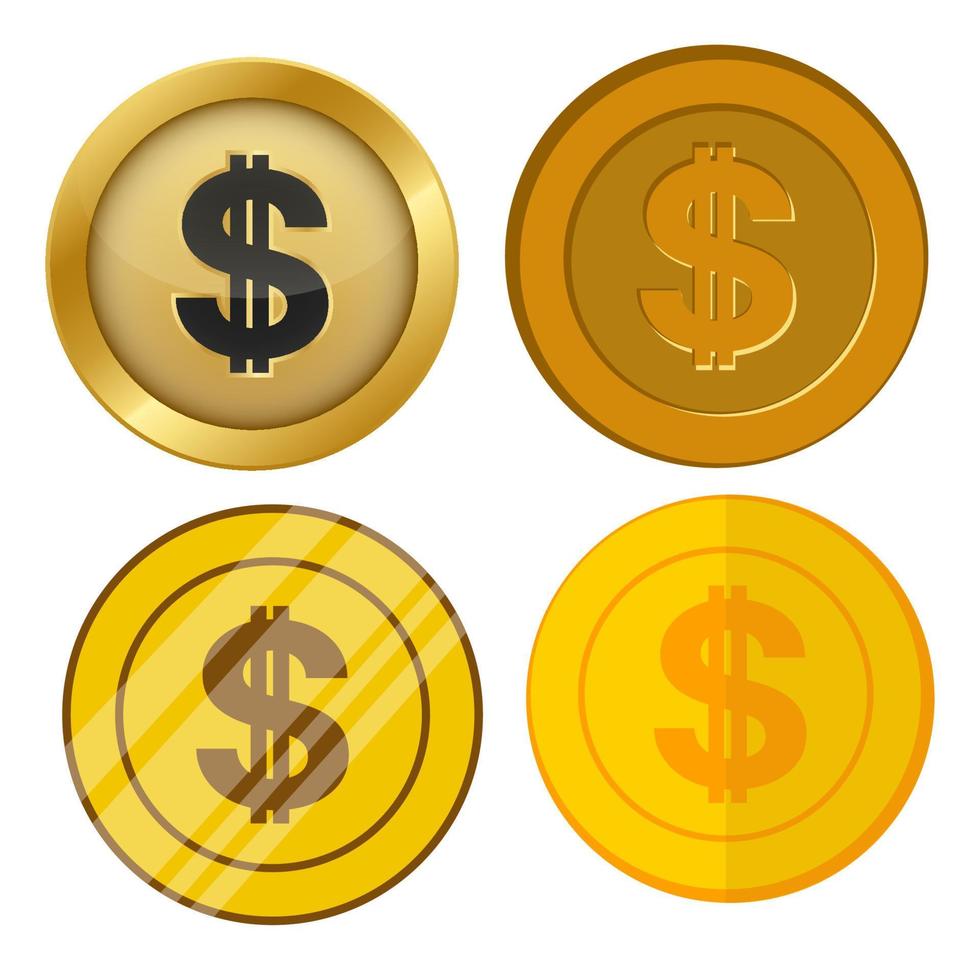 quatro moedas de ouro de estilo diferente com conjunto de vetores de símbolo de moeda de dólar