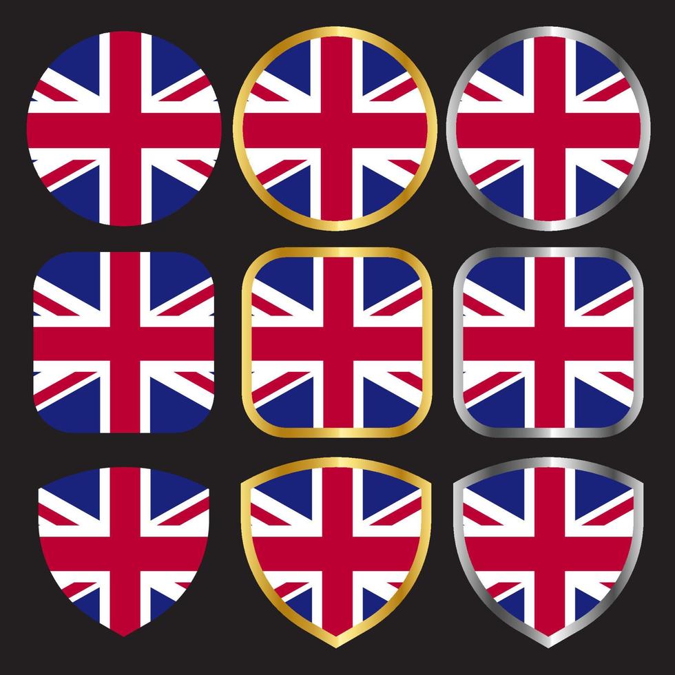 ícone de vetor de bandeira do reino unido definido com borda de ouro e prata