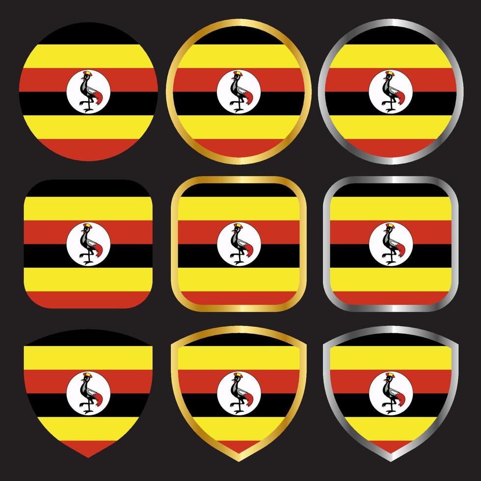 ícone de vetor de bandeira de uganda definido com borda de ouro e prata-01