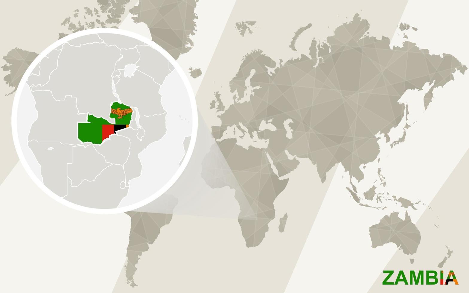 zoom no mapa e na bandeira da Zâmbia. mapa mundial. vetor