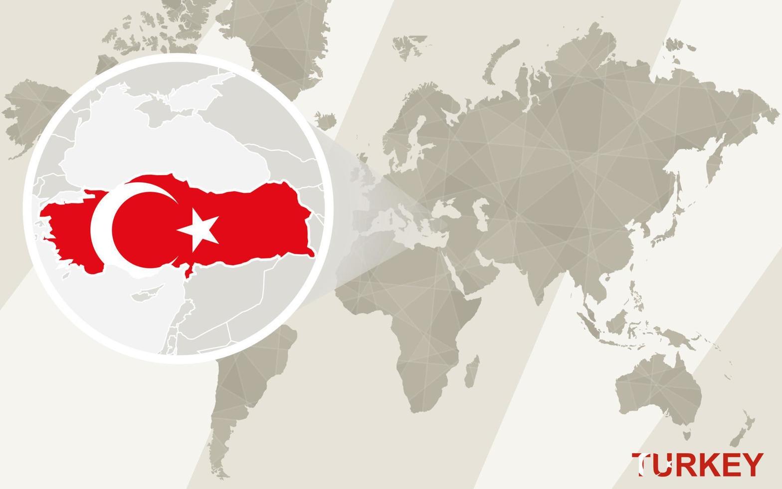 zoom no mapa e na bandeira da turquia. mapa mundial. vetor