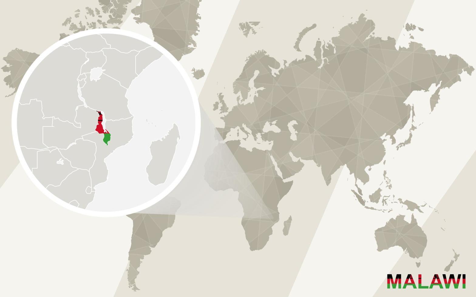 zoom no mapa e na bandeira do malawi. mapa mundial. vetor