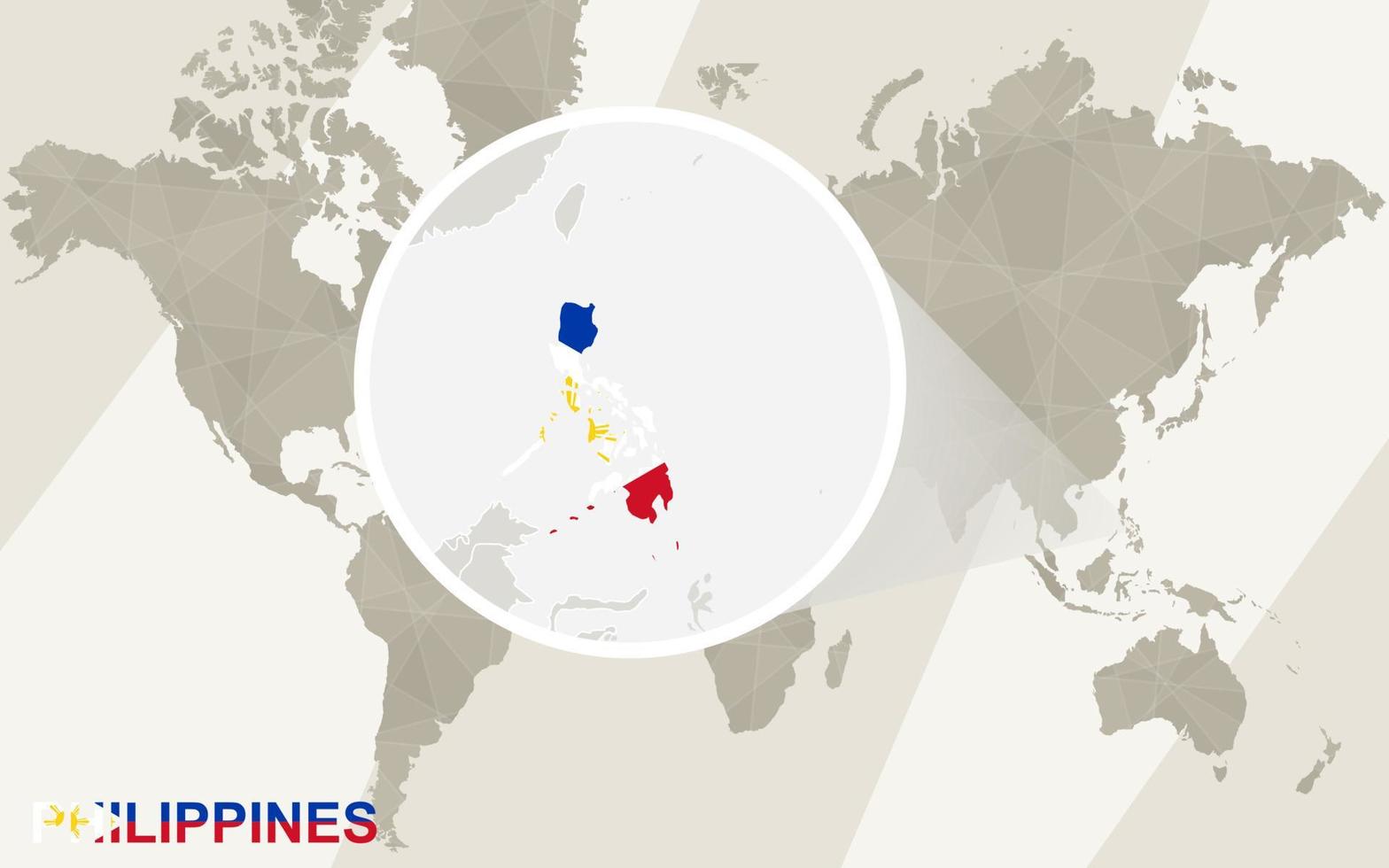 zoom no mapa e na bandeira das filipinas. mapa mundial. vetor