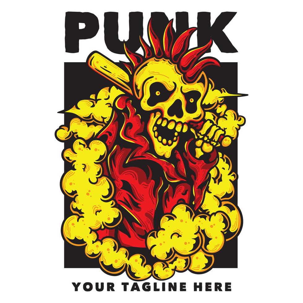 punk de design de camiseta com esqueleto vestindo jaqueta segurando uma ilustração vintage de taco de beisebol vetor