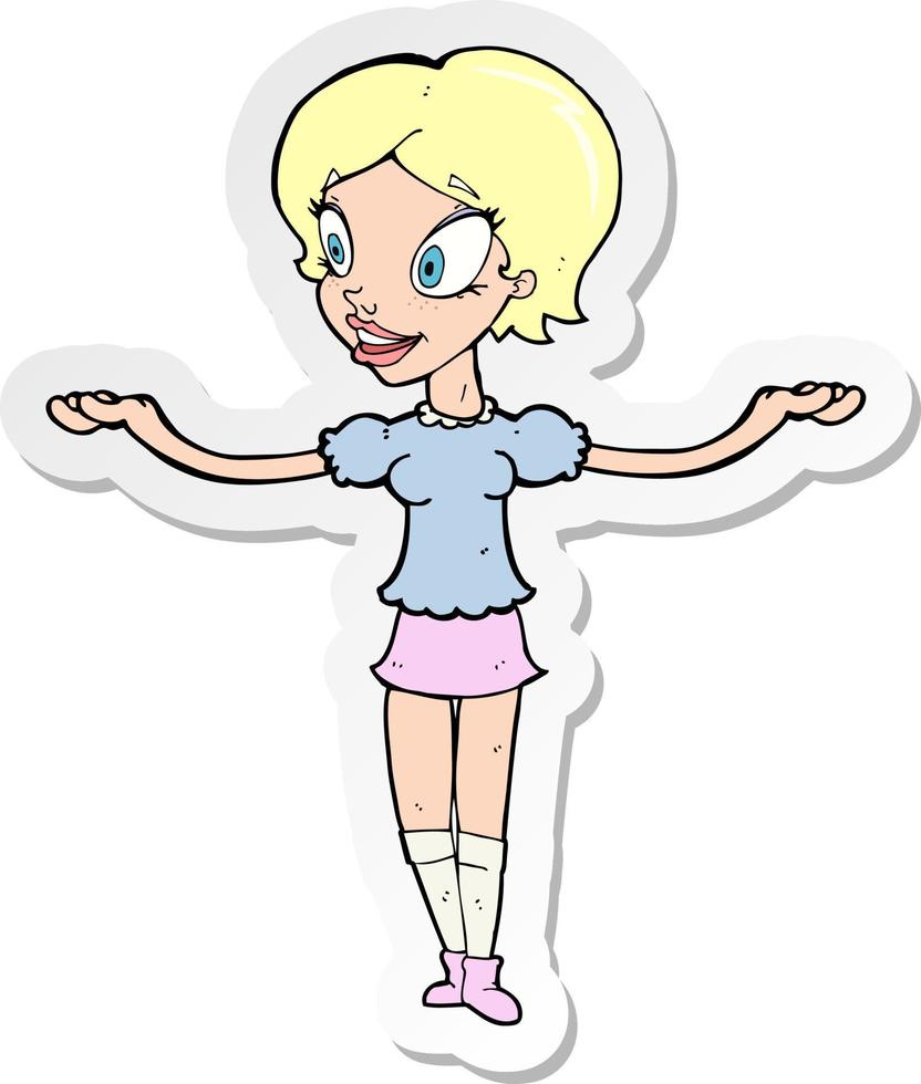 adesivo de uma mulher de desenho animado com os braços abertos vetor
