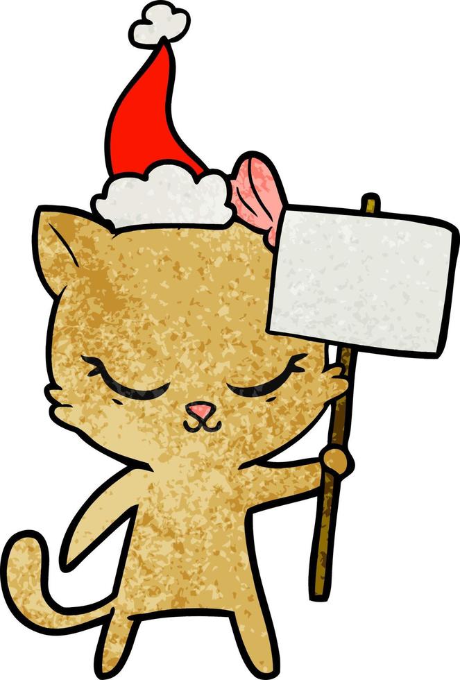 bonito desenho texturizado de um gato com placa usando chapéu de papai noel vetor