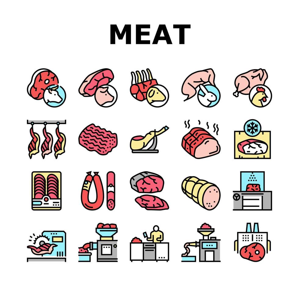 conjunto de ícones de coleção de produtos de fábrica de carne vetor