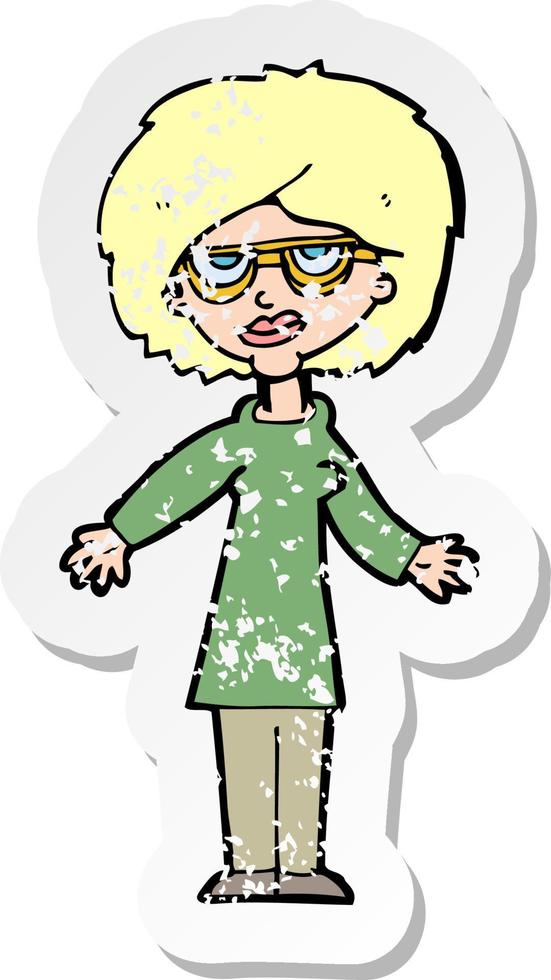 adesivo retrô angustiado de uma mulher de desenho animado usando óculos vetor