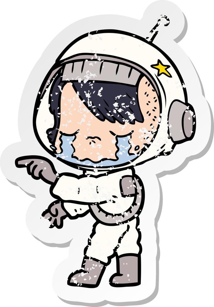 adesivo angustiado de uma garota astronauta chorando de desenho animado vetor