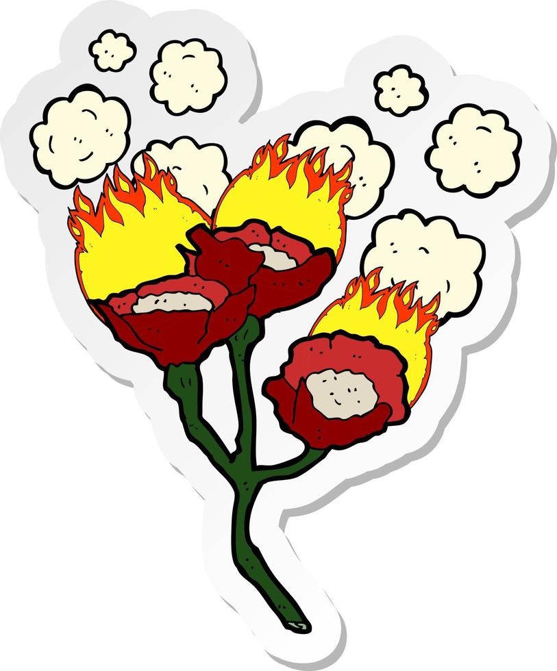 adesivo de um desenho animado queimando flores vetor