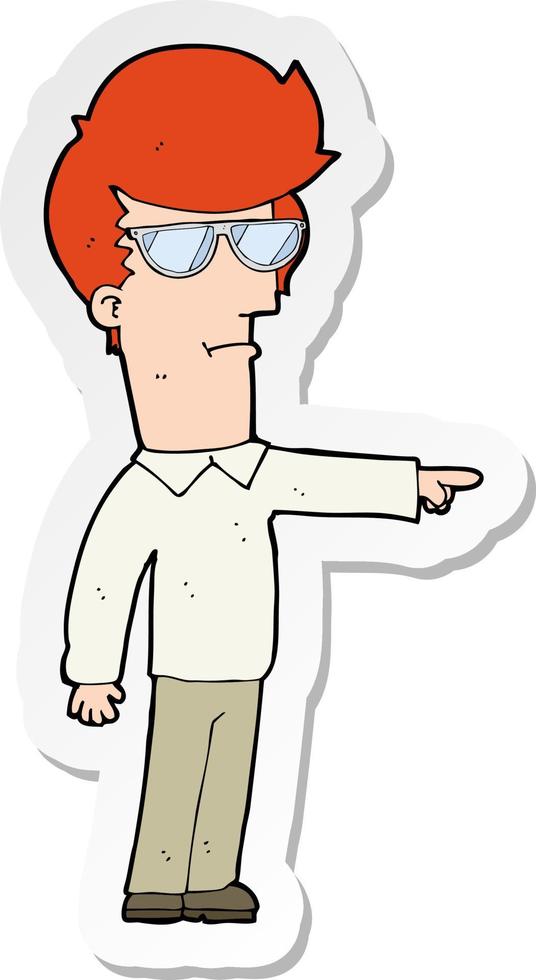 adesivo de um homem de desenho animado em óculos apontando vetor