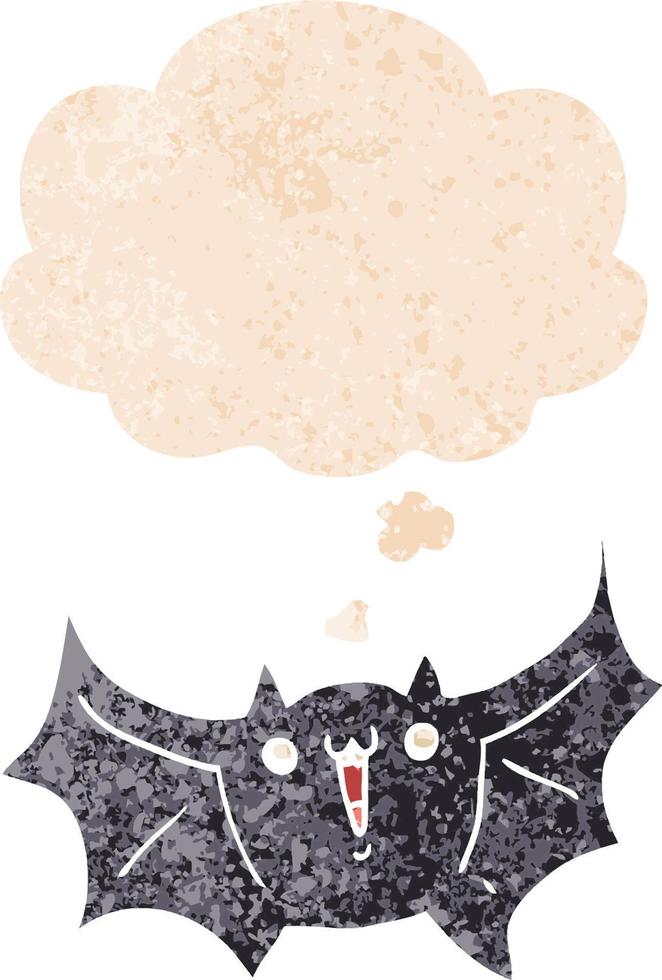 desenho animado morcego-vampiro feliz e balão de pensamento em estilo retrô-texturizado vetor
