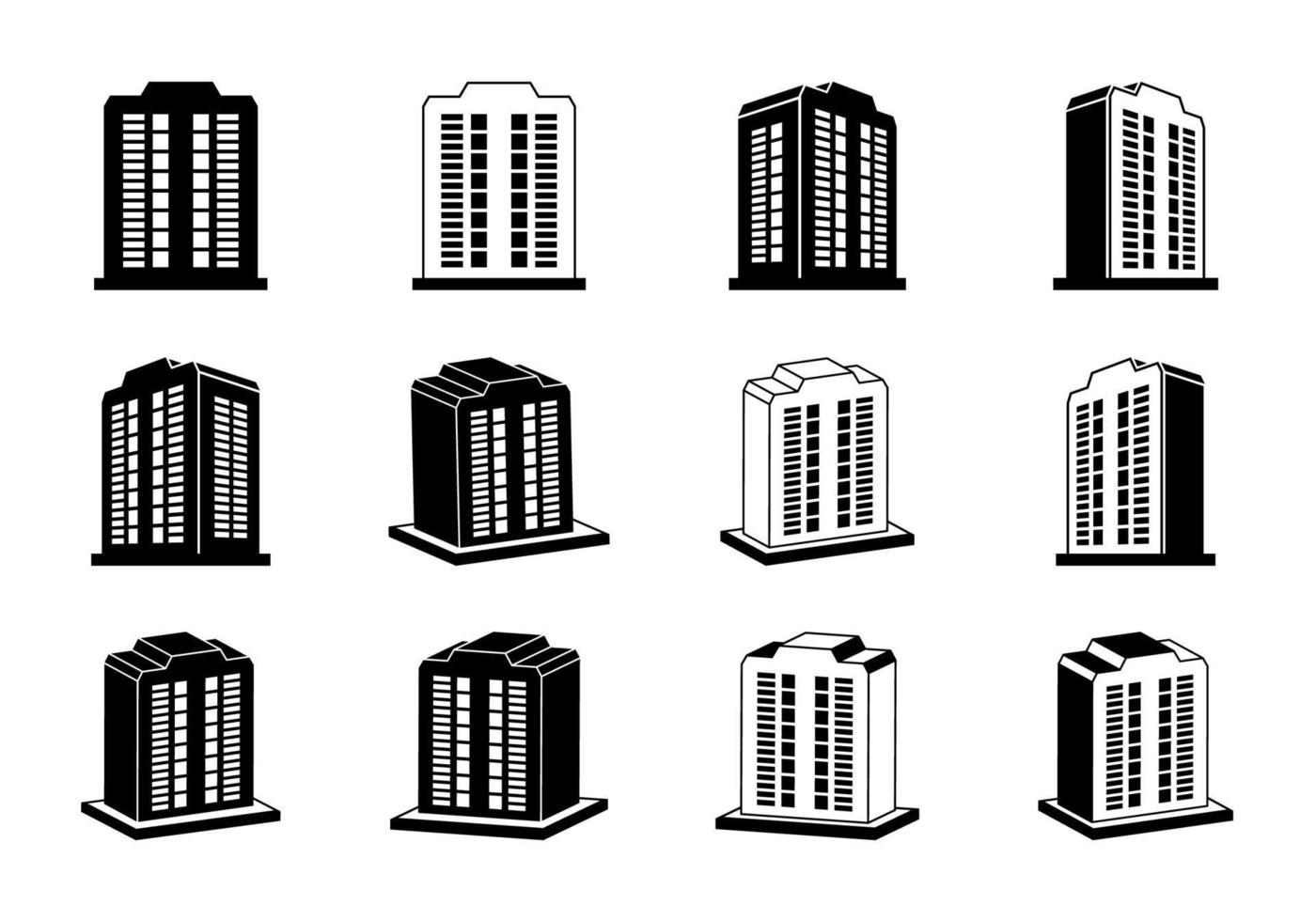 conjunto de ícones da empresa, coleção de vetores de perspectiva de construção em fundo branco, ilustração de apartamento e condomínio de hotel de silhueta, banco isométrico de linha preta e escritório