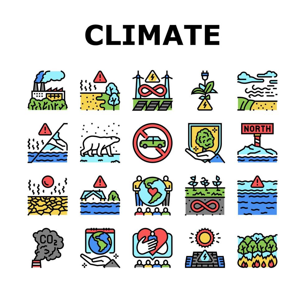 vetor de conjunto de ícones de mudança climática e problema ecológico