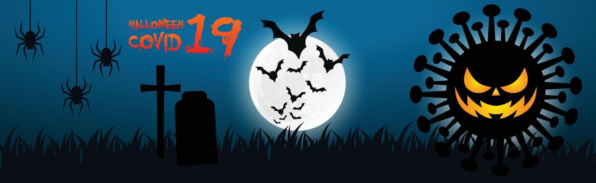 cartaz de halloween covid19, fundo noturno com castelo assustador e abóboras, ilustração. cartão comemorativo de halloween, cartaz de festa de halloween. vetor