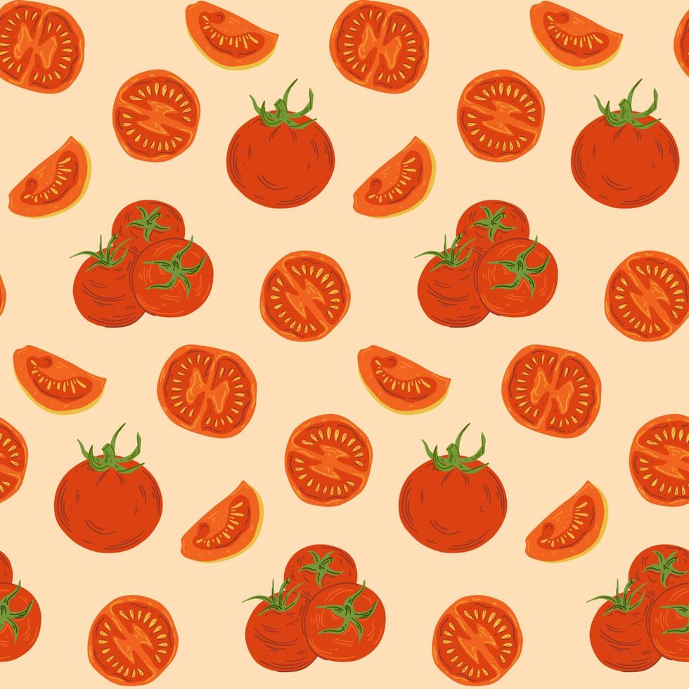 padrão sem emenda fresco de tomate em design de vetor de fundo branco. baground de vegetais vermelhos com ilustração de tomates brilhantes