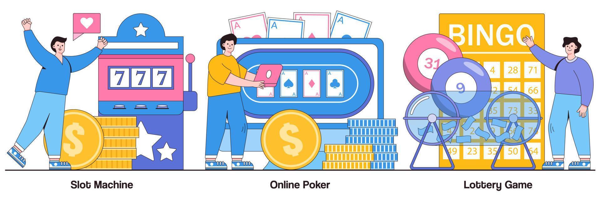 pacote ilustrado de caça-níqueis, pôquer online e jogos de loteria vetor