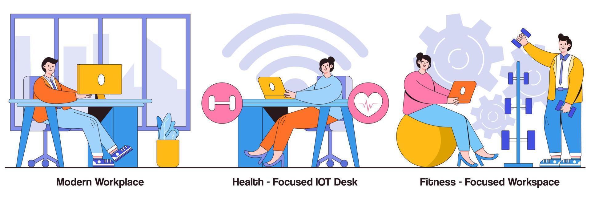 local de trabalho moderno, mesas de iot focadas na saúde, conceito de estilo de vida focado em fitness com caráter de pessoas. conjunto de ilustração vetorial de escritório moderno. felicidade e bem-estar dos funcionários, rastreamento de atividades vetor