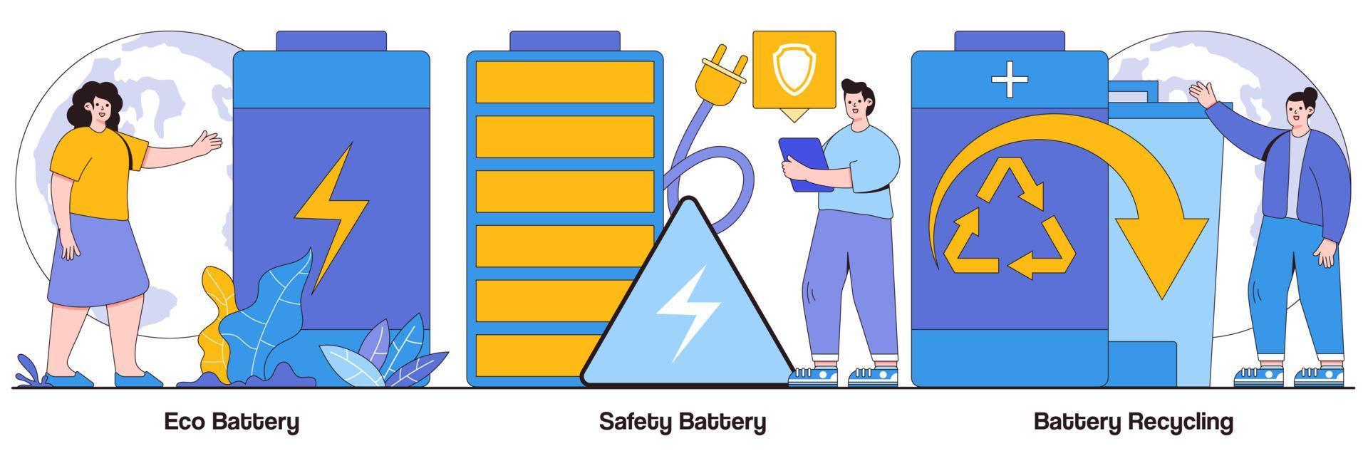 bateria ecológica, bateria de segurança e pacote ilustrado de reciclagem de bateria vetor