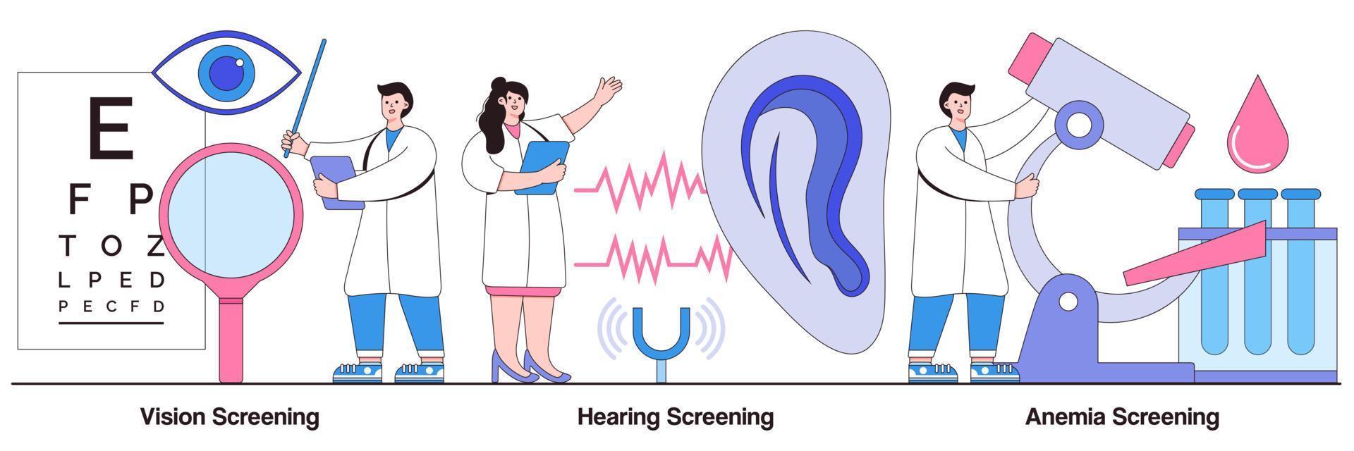 pacote ilustrado de triagem de visão, audição e anemia vetor