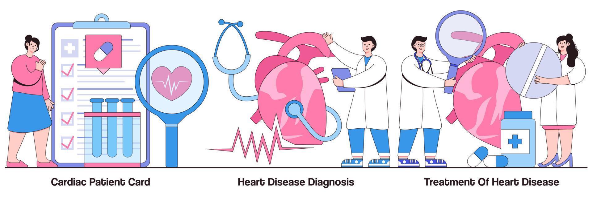 paciente cardíaco, diagnóstico de doença cardíaca e pacote ilustrado de tratamento vetor