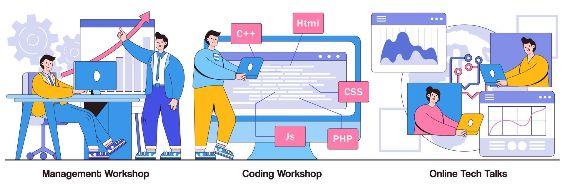 palestras de tecnologia on-line, gerentes e pacote ilustrado de oficina de codificação vetor