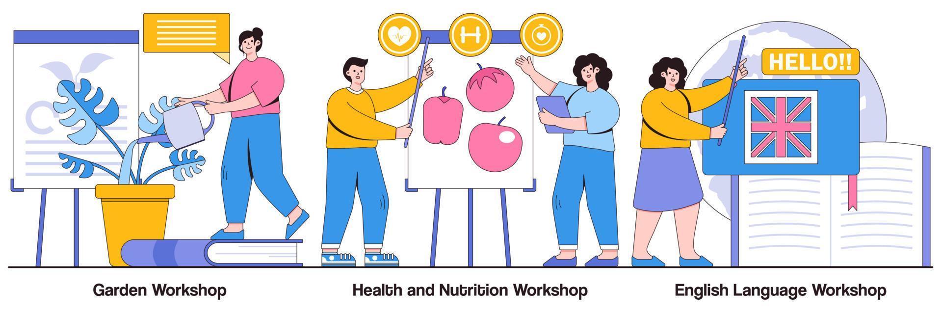 oficina de jardinagem, oficina de saúde e nutrição, pacote ilustrado de oficina de língua estrangeira vetor